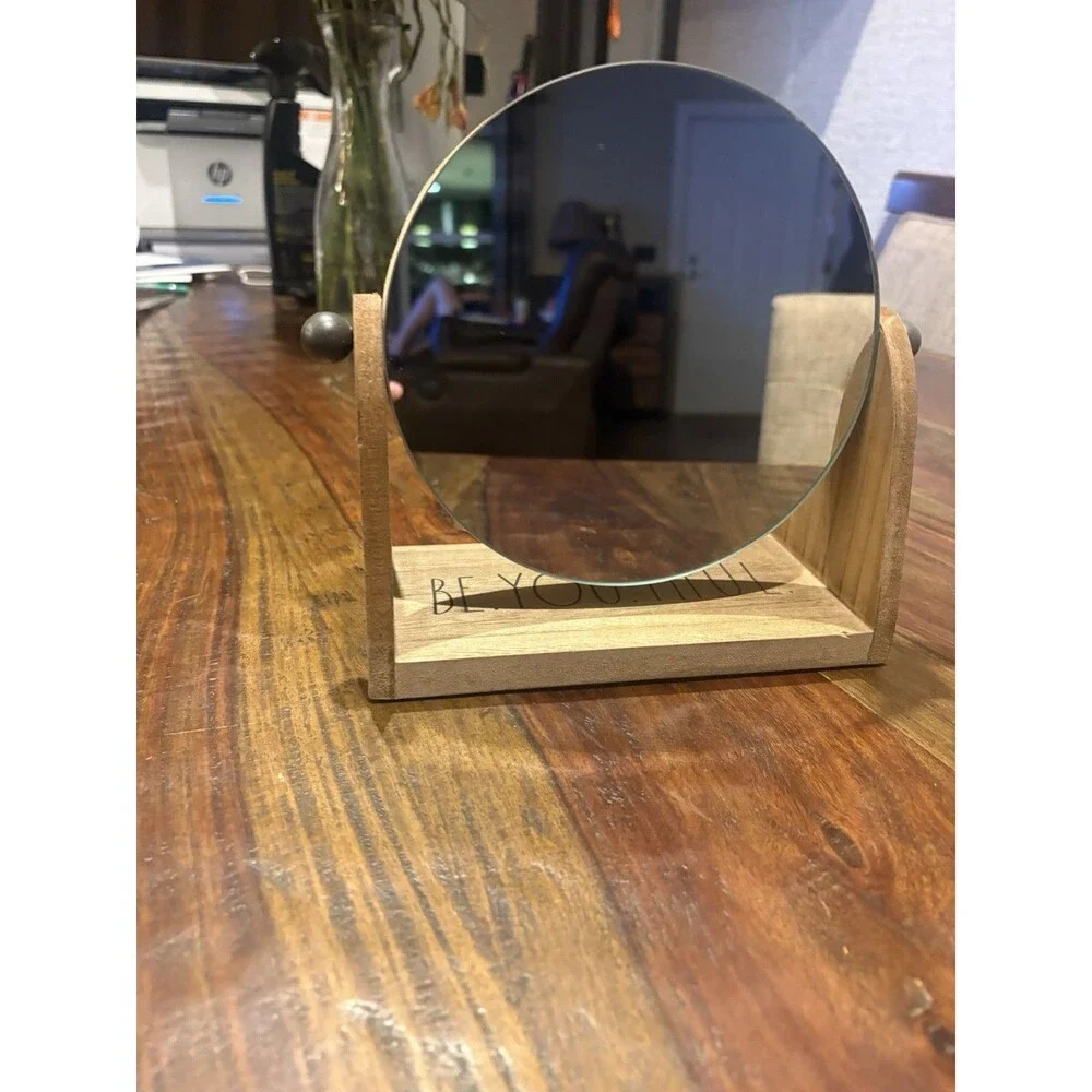 Rae Dunn Round Wooden Framed Vanity Tabletop Mirror Modern Home Decor